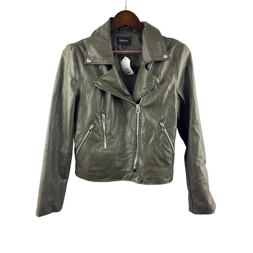 Women’s Zenana Large Olive Green Faux Leather Biker Jacket